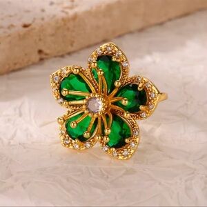 Anthropologie Blossom Gold Green Floral Stainless Steel Crystal Adjustable Ring